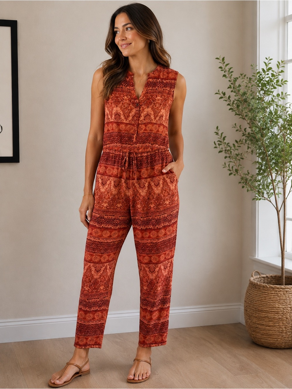 Forever 21 Size Small Sleeveless Boho Paisley Print Tie Waist Jumpsuit Romper